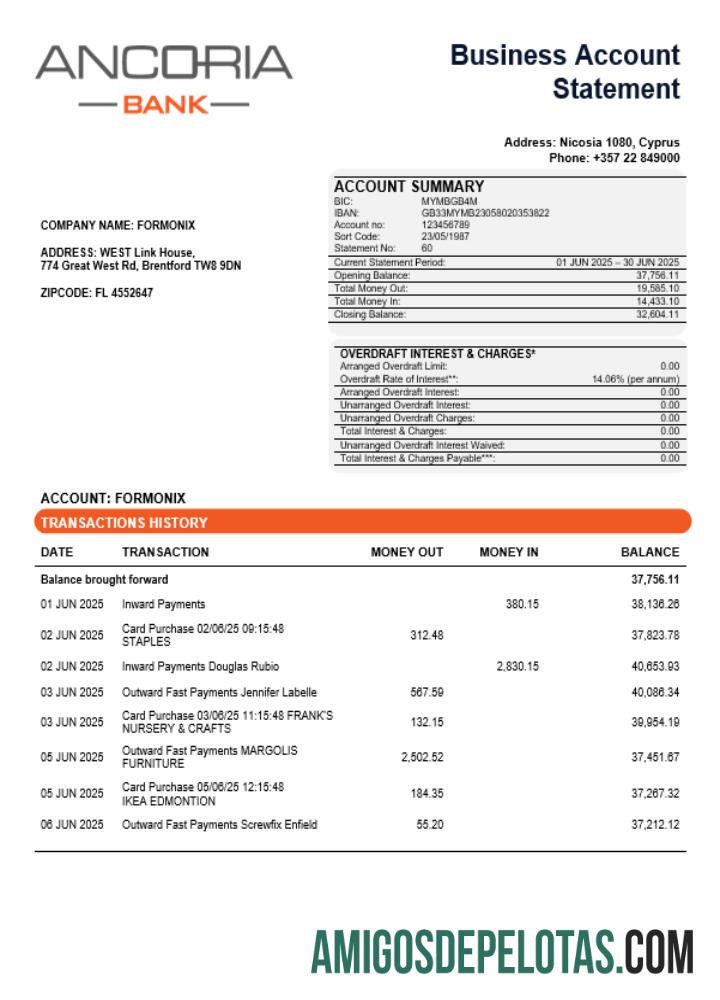 Imprimível Ancoria Bank Business Account Statement Word And PDF model